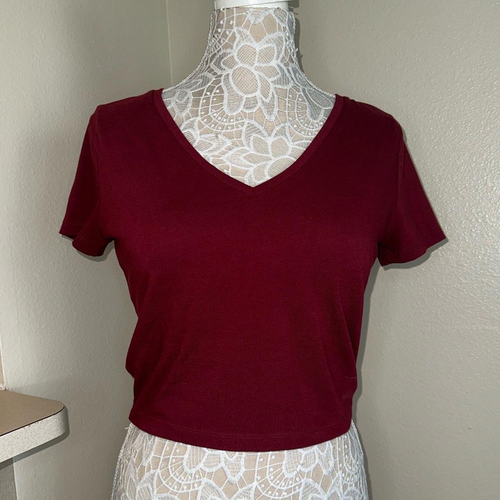 NWOT Wild Fable large maroon v-neck crop top.